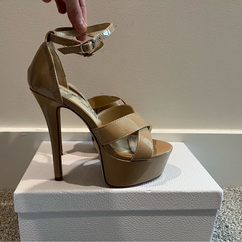Sophisticated Tan Strappy Platform Heels